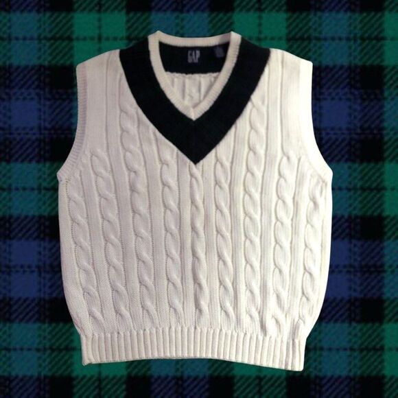 Y2k GAP Tennis Vest Mens Sz M Ceam Cotton Cable Knit Plaid Trim Varsity Preppy - Picture 1 of 10